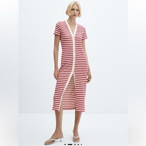 Mango Striped Jersey Dress Crochet Knit Button Front Midi Length size 2